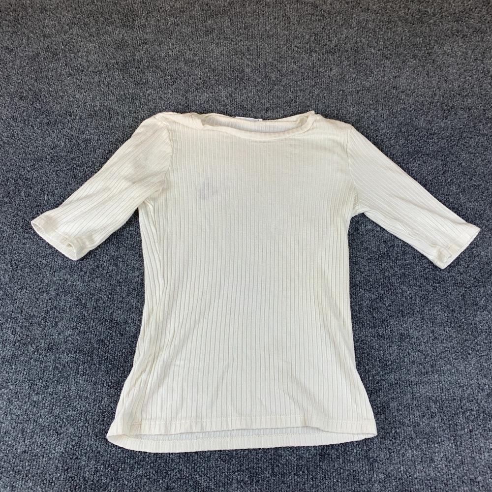 Reformation Knit Top Women's XS Ivory Stretch Ribbed Crew Neck 3/4 Sleeve Casual
